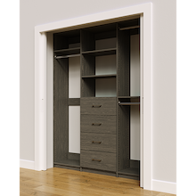 Grey custom closet system 69 inch with drawers and shelves for reach-in closet organization
