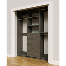 Grey custom closet system 72 inch with drawers and shelving for complete wardrobe organization