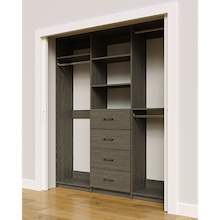 Grey custom closet system 75 inch with drawers and shelving for large wardrobe organization