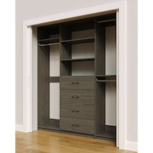 Grey custom closet system 78 inch with drawers and shelving for clothing storage