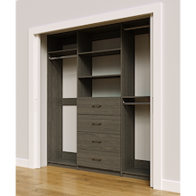 Grey custom closet system 81 inch with drawers and shelving for seasonal clothing storage