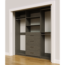 Grey custom closet system 84 inch with drawers and shelving for clothing and accessory storage