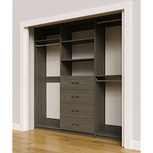 Grey custom closet system 87 inch with drawers and shelving for spacious clothing storage
