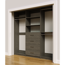 Grey custom closet system 90 inch with drawers and shelving for high-capacity clothing storage