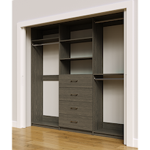 Grey custom closet system 93 inch with drawers and shelving for custom wardrobe organization