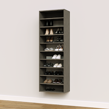 Grey shoe organizer featuring 10 straight shelves for upright footwear storage in a narrow reach-in closet.