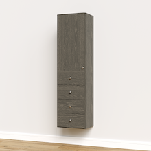 Grey half closet doors 19.5 inch slab concealing storage shelves on a vertical tower.