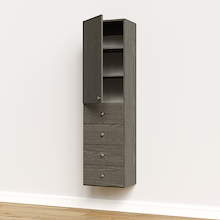 Grey half closet doors 19.5 inch slab open revealing interior shelving for a wardrobe closet system.