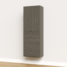 Grey half closet doors 25.5 inch slab concealing wide shelving on a modular closet tower.