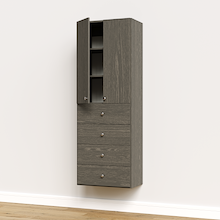 Grey half closet doors 25.5 inch slab open showing wide adjustable shelving in a closet system.