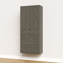 Grey half closet doors 31.5 inch slab concealing adjustable shelves on a modular closet tower.