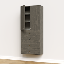Grey half closet doors 31.5 inch slab open showing wide adjustable shelving in a large-capacity closet system.