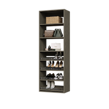 Grey shoe tower with 4 slanted shelves for angled display storage and practical flat storage.