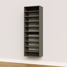Grey shoe tower with 10 straight shelves built into a bedroom closet.