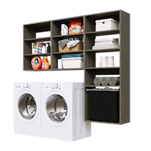 Grey Select Laundry Kit featuring a shelf tower with a pull-out hamper for laundry room organization.