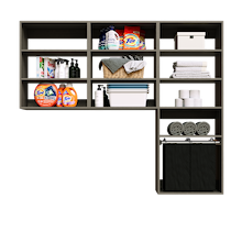 Grey Select Laundry Kit with a pull-out hamper and upper storage shelves to keep laundry supplies within easy reach.