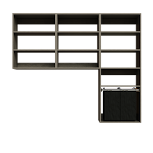 Grey Select Laundry Kit with a shelf tower with a pull-out hamper and overhead laundry shelving providing utility room organization.