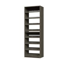 Grey shoe shelving with 8 slanted shelves for visible shoe display and quick access.
