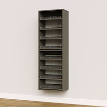 Grey shoe tower featuring 8 slanted shelves for efficient shoe storage.