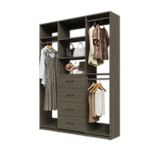 Grey Ultimate closet organizer 63 inch with drawers, shelving and efficient reach-in hanging storage