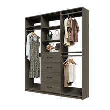 Grey Ultimate closet organizer 72 inch with drawers, shelving and long hanging storage for dresses