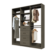 Grey Ultimate closet organizer 75 inch with drawers, shelving and long hanging storage for coats
