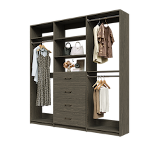 Grey Ultimate closet organizer 84 inch with drawers, shelving and generous clothing hanging storage