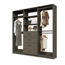 Grey Ultimate closet organizer 87 inch with drawers, shelving and extensive wardrobe hanging storage