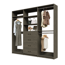 Grey Ultimate closet organizer 90 inch with drawers, shelving and high-capacity long hanging storage