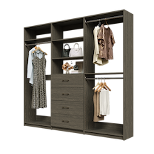 Grey Ultimate closet organizer 93 inch with drawers, shelving and expanded clothing hanging storage