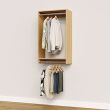 25.5 inch double hanging closet in natural oak for guest bedrooms.