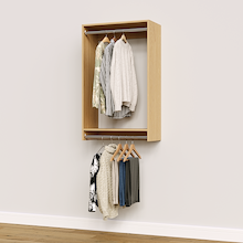 27 inch double hanging closet in natural oak for guest room suites.