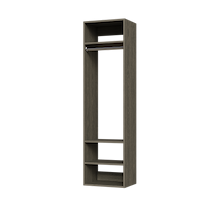 Grey hanging closet tower module with an upper shelf, hanging rod, and three lower shelves for apartment closet organization.