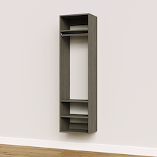 Grey hanging closet tower module with an upper shelf, hanging rod, and three lower shelves for built-in closet systems.