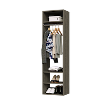 Grey hanging closet tower with an upper shelf, hanging rod, and three lower shelves for closet organization.