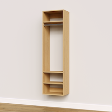 Natural oak hanging closet tower module with an upper shelf, hanging rod, and three lower shelves for built-in closet systems.