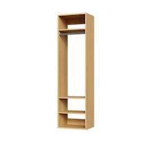 Natural oak hanging closet tower module with an upper shelf, hanging rod, and three lower shelves for small closet organization.