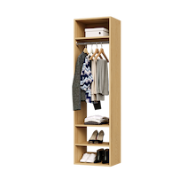 Natural oak hanging closet tower with an upper shelf, hanging rod, and three lower shelves for closet organization.