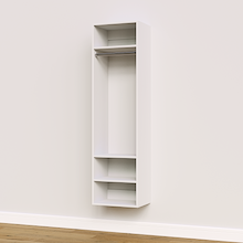 White hanging closet tower module with an upper shelf, hanging rod, and three lower shelves for built-in closet systems.