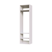 White hanging closet tower module with an upper shelf, hanging rod, and three lower shelves for reach-in closet organization.