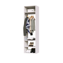 White hanging closet tower with an upper shelf, hanging rod, and three lower shelves for closet organization.