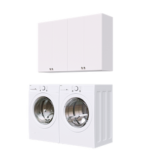 White Basic Laundry Kit with storage doors and overhead shelving installed above a washer and dryer for organized laundry room storage. Yes