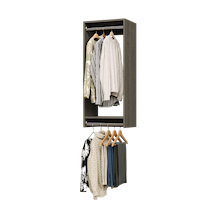 18 inch double hanging closet in grey with hoodies for tiered storage.