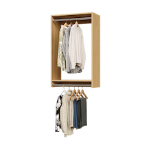 27 inch double hanging closet in natural oak with hoodies for casual wear.
