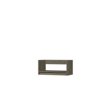 Grey closet tower legs with toe-kick creating a custom built-in look on a floor-standing closet organizer.