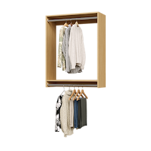 34.5 inch double hanging closet in natural oak with jackets for outerwear.