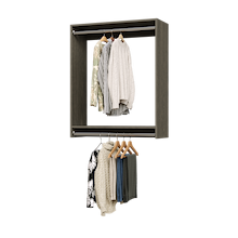 36 inch double hanging closet in grey with jerseys for activewear storage.