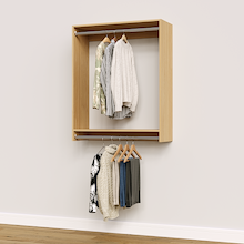 36 inch double hanging closet in natural oak for large dressing rooms.