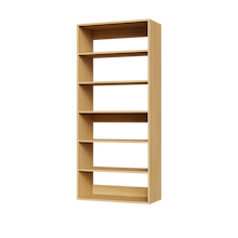 Natural oak 30 inch shelf tower for folded shirts in a large closet.