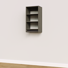 Grey medium hanging closet module with three upper shelves and a hanging rod below for built-in closet systems.